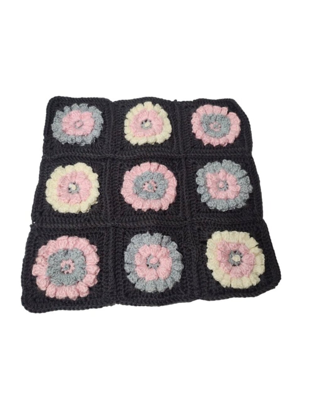 Handmade Granny Square 14 x 14 Hot Pad Table Topper Gray Pink Cottage